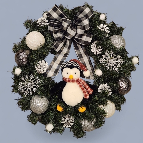 Buffalo Plaid Penguin Christmas Wreath - Picture 7 of 9